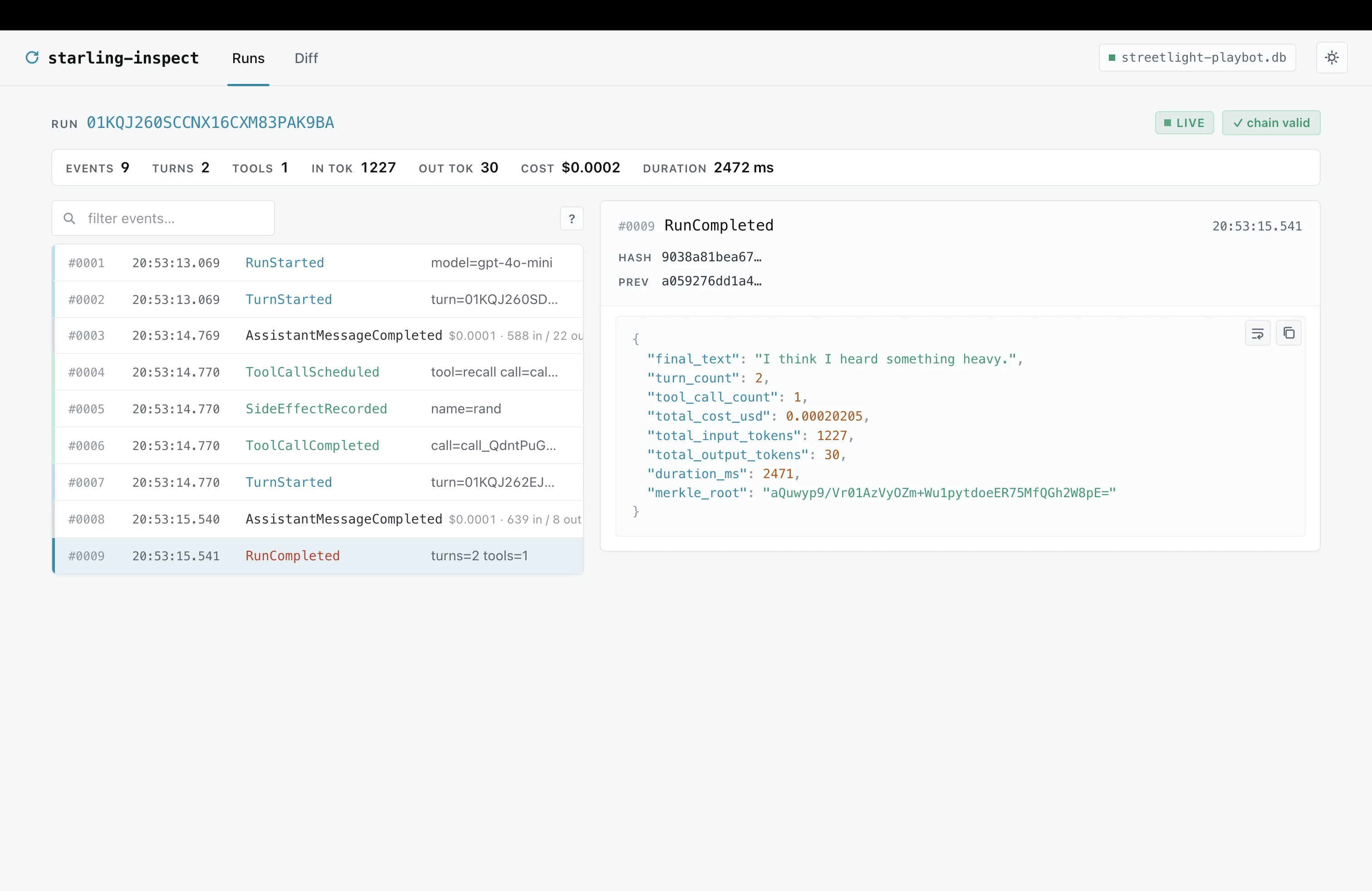inspector view of a sample run — 9 events across 2 turns and 1 tool call, with the per-event detail panel on the right