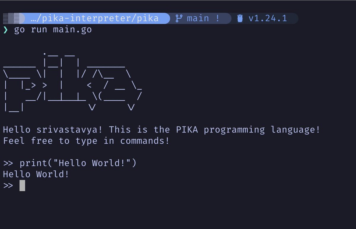 the pika repl — print("Hello World!") evaluated live, with the project's ascii banner