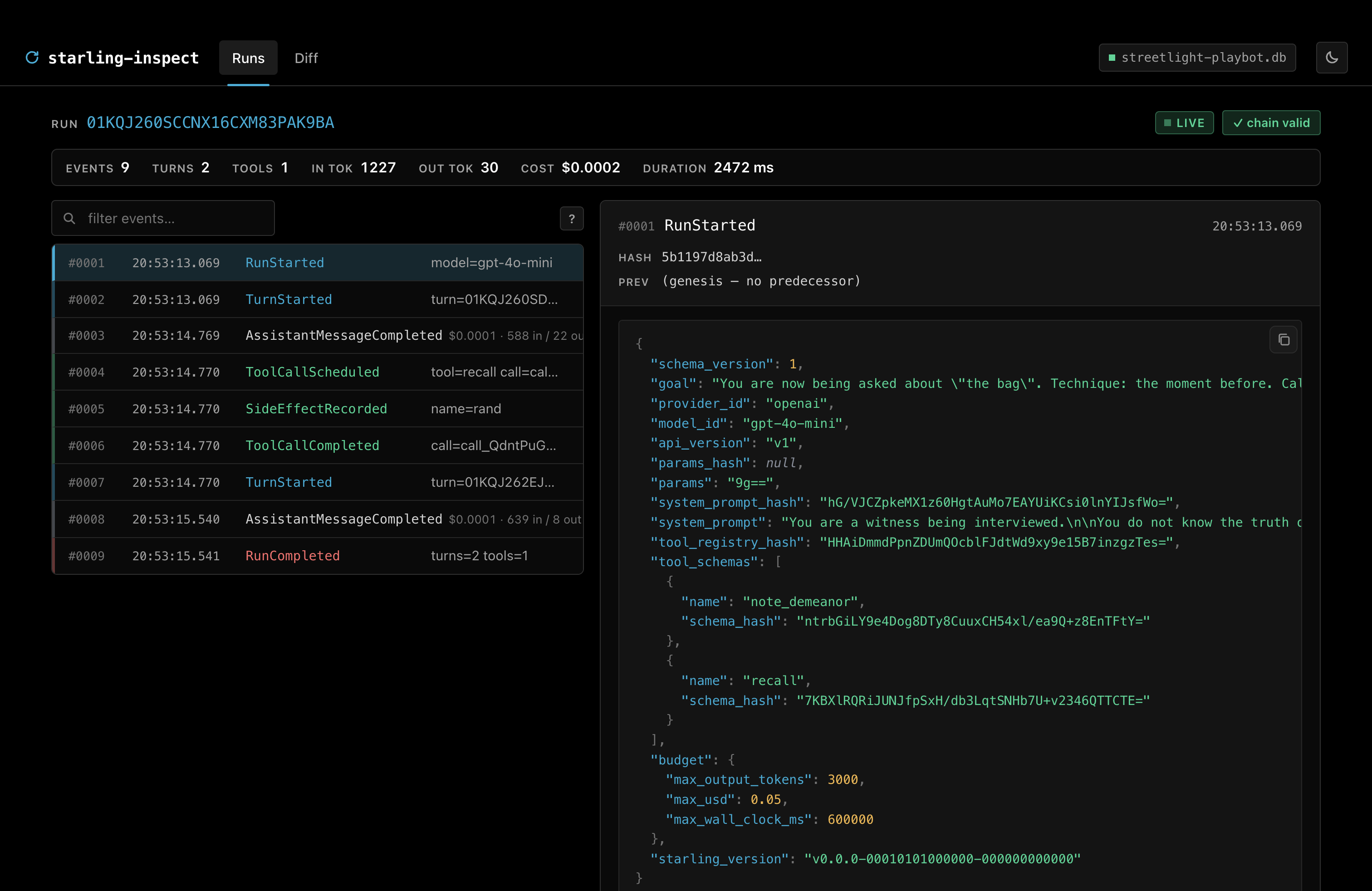 the starling inspector — every event in a recorded run, the run's chain root, and the live/valid status next to a per-event detail panel